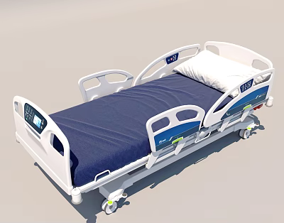 Medical Bed With Blue Mattress White Frame Control Panel Side Rails And Wheels 3d model
