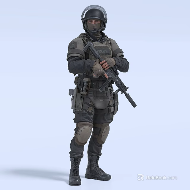 Man Wearing Tactical Gear Holding Rifle Standing Against Light Blue Background 3d model 