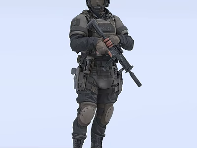 Man Wearing Tactical Gear Holding Rifle Standing Against Light Blue Background 3d model