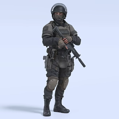 Man Wearing Tactical Gear Holding Rifle Standing Against Light Blue Background 3d model