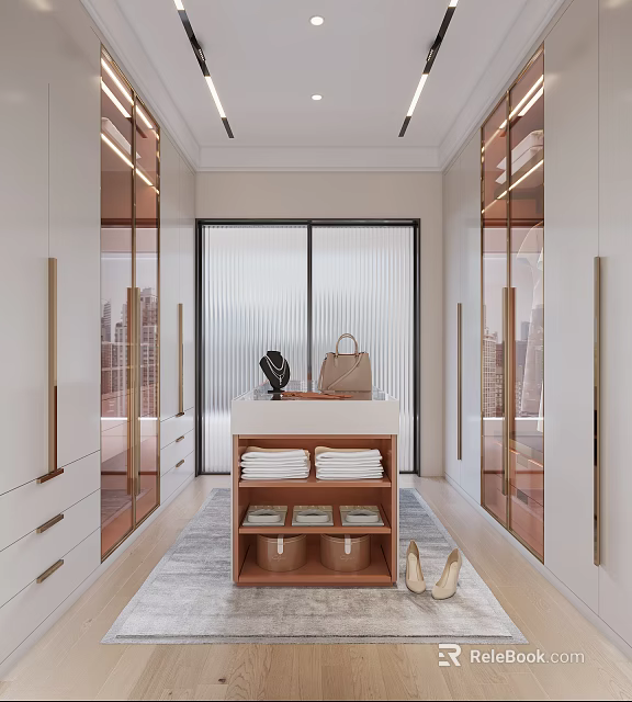 Luxurious Walk-in Closet Interior Design With Glass Doors Gold Accents Cabinets Drawers Shelf And Towels 3d model 