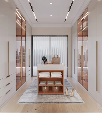 Luxurious Walk-in Closet Interior Design With Glass Doors Gold Accents Cabinets Drawers Shelf And Towels 3d model