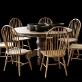 Rustic Wooden Dining Table Set with Round Table and Six Windsor Style Chairs 3d model