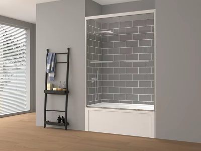 Modern Bathroom With Gray Tiles Bathtub Black Shelf Towels And Wooden Floor 3d model