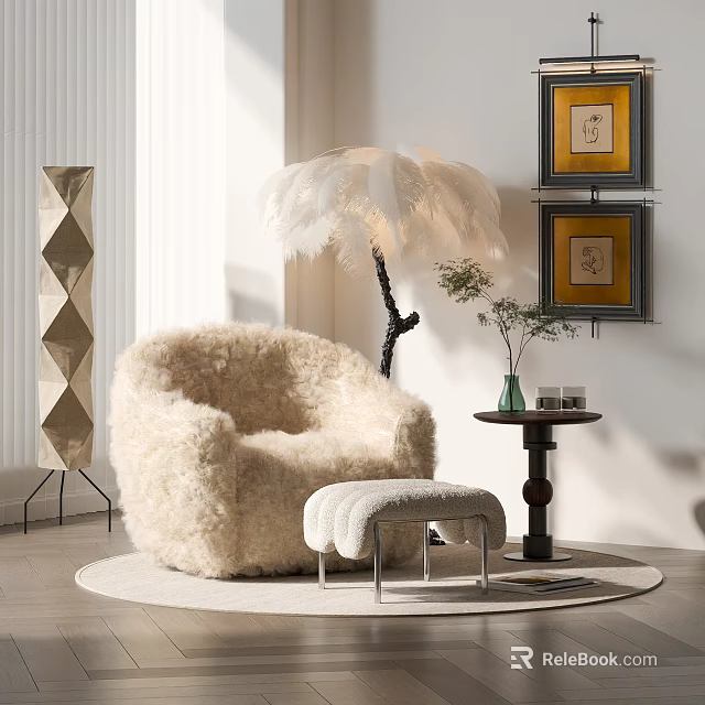 Plush Modern Leisure Chair With Ottoman Feather Floor Lamp Wall Art And Bright Living Room Interior 3d model 