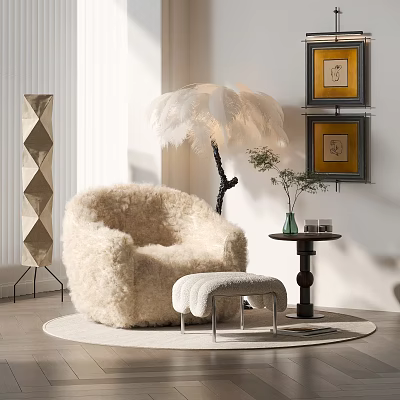 Plush Modern Leisure Chair With Ottoman Feather Floor Lamp Wall Art And Bright Living Room Interior 3d model