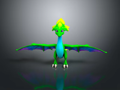 Cute 3D Green Dragon Game Character With Yellow Head Blue Neck And Colorful Wings Claws 3d model