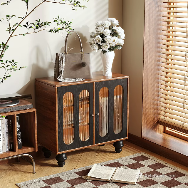 Wooden Shoe Cabinet With Glass Doors Handbag And Vase On Top Near Window Blinds 3d model 