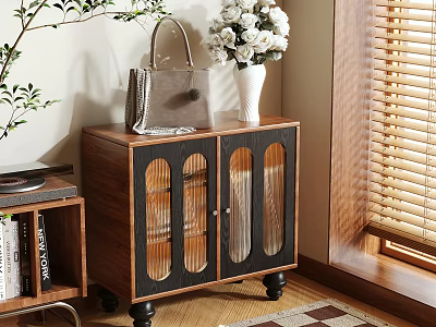 Wooden Shoe Cabinet With Glass Doors Handbag And Vase On Top Near Window Blinds 3d model