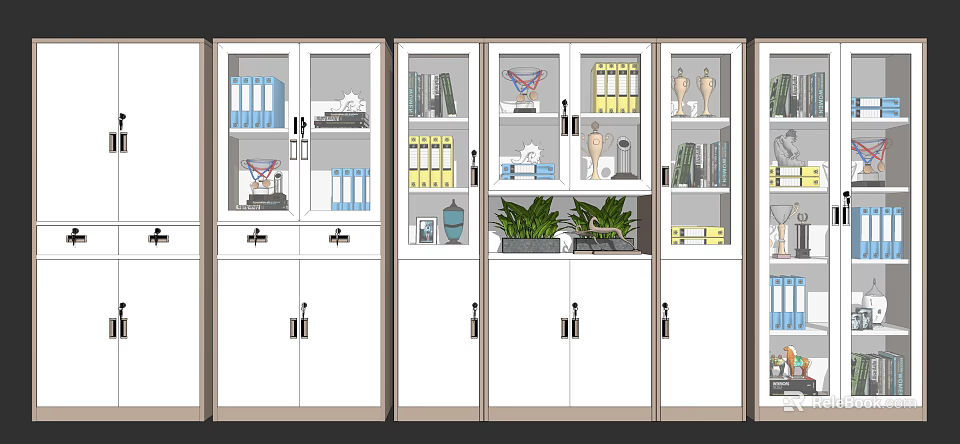Modern Office Bookcase With Glass Doors Storage For Books File Folders And Decorative Plants 3d model 
