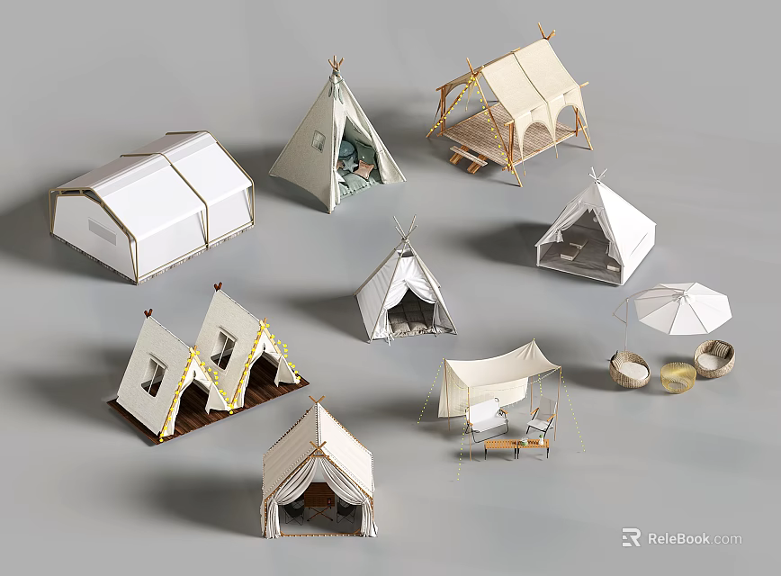 Various Stylish Camping Tents With Different Designs And Outdoor Gear 3d model 