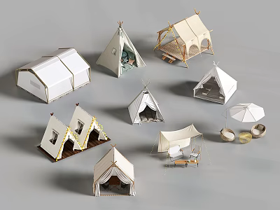 Various Stylish Camping Tents With Different Designs And Outdoor Gear 3d model