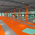 Indoor Skate Park Featuring Orange Ramps Cones Skateboarders Green Walls And Ceiling Lights