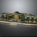 Traditional Architectural Model With Yellow Entrance Green Roof And Courtyard Plants