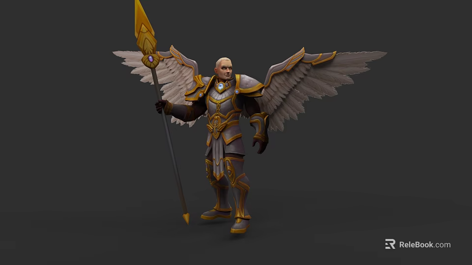 Game Movie Character With Golden Spear Armored Suit And White Wings 3d model 