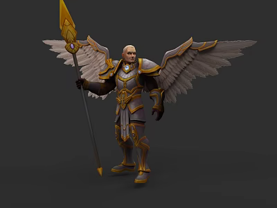 Game Movie Character With Golden Spear Armored Suit And White Wings 3d model