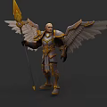 Game Movie Character With Golden Spear Armored Suit And White Wings