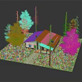 Cartoon Style Cozy Scene Featuring Small House Brown Roof Green Grass Trees And Pathway
