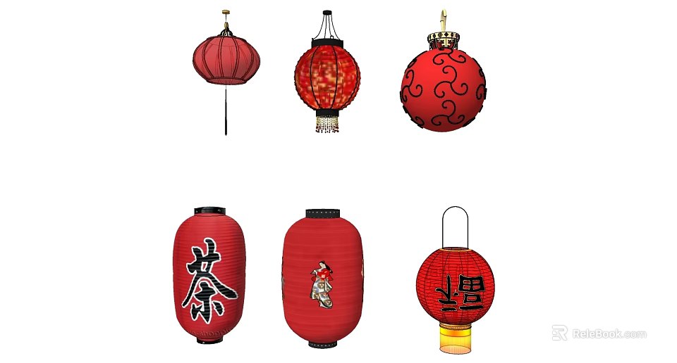 Traditional Red Chinese Lantern Pendant Lights with Cultural Symbols and Decorative Patterns 3d model 