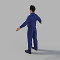 Man in Blue Jumpsuit with Badges Standing Arms Outstretched Full Body