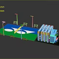 Outdoor Public Recreational Area With Green Surface Blue Structure Seats And Lamp Posts