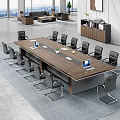 Modern Office Conference Table With Black Chairs Laptop Green Plant Documents And Gray Carpet