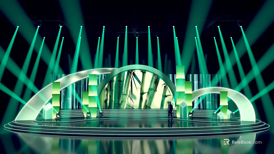 Stage Design With Green Lights Arches Steps And Silhouette Of Person 3d model 
