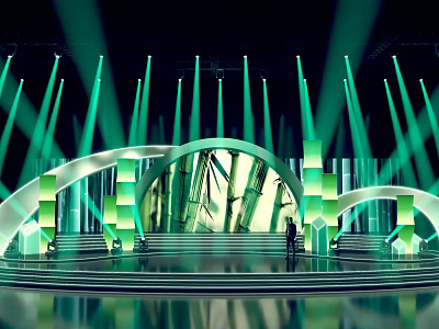 Stage Design With Green Lights Arches Steps And Silhouette Of Person 3d model