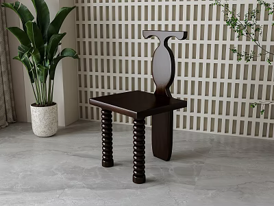 Dark Wooden Dining Chair With Unique Curved Backrest Spiral Legs And White Lattice Background 3d model
