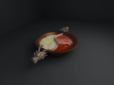 Traditional Copper Cooking Pot With Dragon Shaped Handles And Fresh Ingredients 3d model