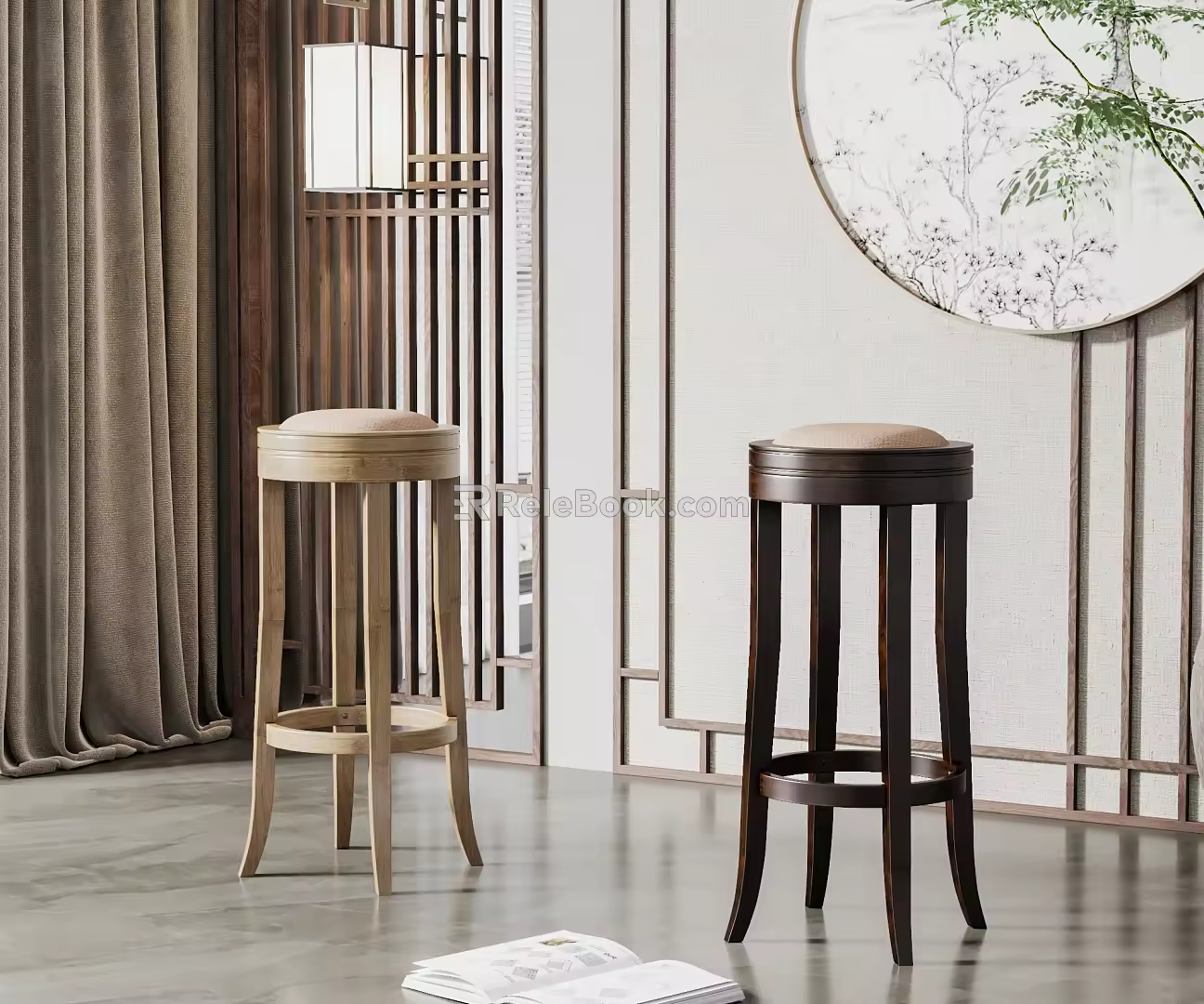 New Chinese Bar Stool Solid Wood Bar Stool Combination 3d model