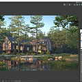 Scenic Forest Landscape with Cozy House Tall Trees Calm Pond and Rocks