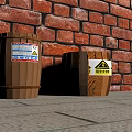 Two Wooden Barrels With Warning Labels Against Red Brick Wall On Stone Pavement