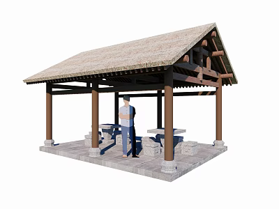Traditional Landscape Pavilion Featuring Wooden Structure Thatched Roof Stone Floor Tables And Benches 3d model