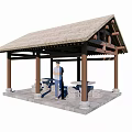 Traditional Landscape Pavilion Featuring Wooden Structure Thatched Roof Stone Floor Tables And Benches