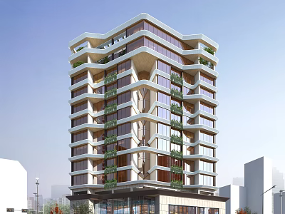 Modern High Rise Office Building With Glass Facade And Balcony Greenery 3d model