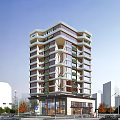 Modern High Rise Office Building With Glass Facade And Balcony Greenery
