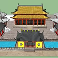 Ancient Chinese Two Story Architecture With Yellow Roof Red Pillars And Overhanging Eaves