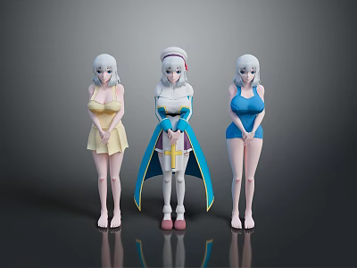 Anime Characters In Yellow Dress Nurse Outfit And Blue Swimsuit With Headpieces 3d model