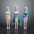 Anime Characters In Yellow Dress Nurse Outfit And Blue Swimsuit With Headpieces