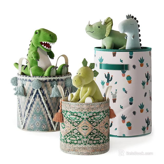 Adorable Dinosaur Stuffed Toys In Decorative Storage Bins With Cactus And Geometric Patterns 3d model 