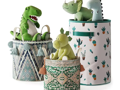 Adorable Dinosaur Stuffed Toys In Decorative Storage Bins With Cactus And Geometric Patterns 3d model