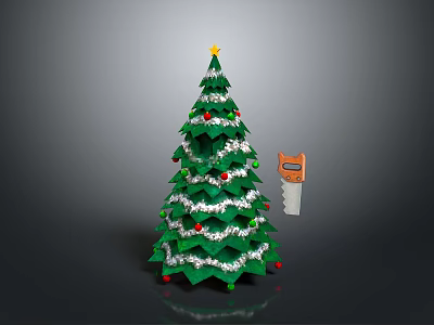 Festive Green Christmas Tree Decorated With Red Ornaments Star And White Tinsel 3d model