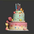 Three Layer Birthday Cake with Colorful Candles Stars Candies and Pink Light Blue Gradient Layers