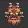 Vibrant Red Orange Decorative Tribal Mask With Bone Accents And Green Eyes