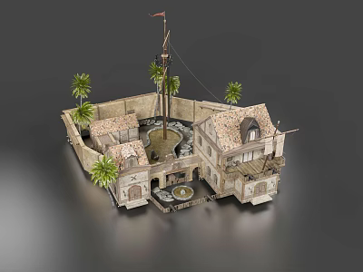 Traditional Courtyard Guesthouse Building with Central Water Pool Palm Trees and Arched Windows 3d model