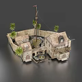 Traditional Courtyard Guesthouse Building with Central Water Pool Palm Trees and Arched Windows