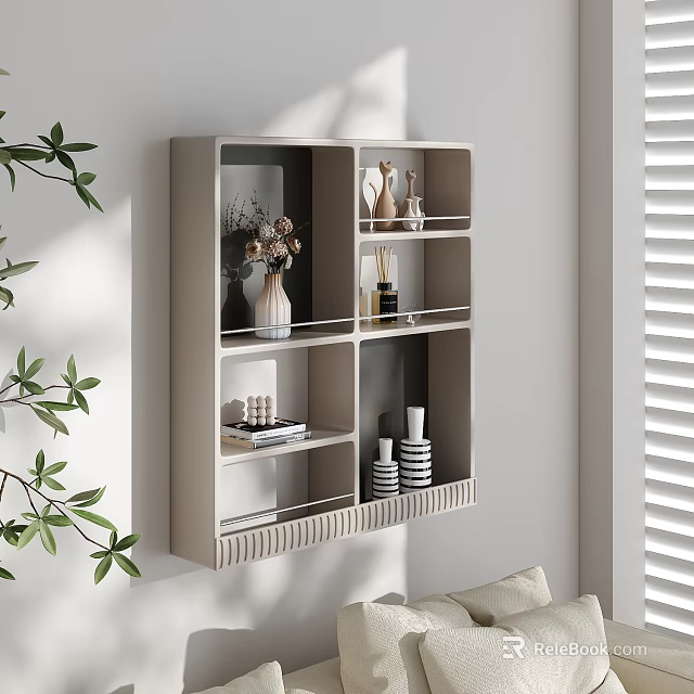 Modern Living Room Wall Cabinet With Decorative Shelves Vases Tea Sets And Greenery 3d model 