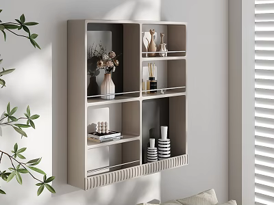 Modern Living Room Wall Cabinet With Decorative Shelves Vases Tea Sets And Greenery 3d model