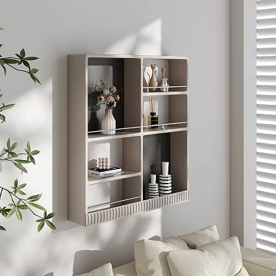Modern Living Room Wall Cabinet With Decorative Shelves Vases Tea Sets And Greenery 3d model